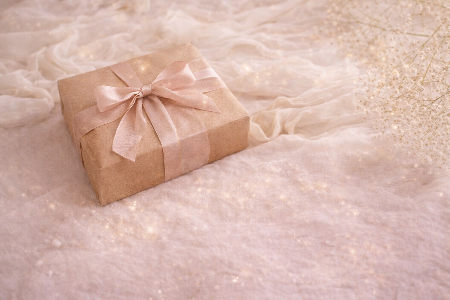 Gift box wrapped in brown paper with a pink bow on a soft, light-colored fabric background.