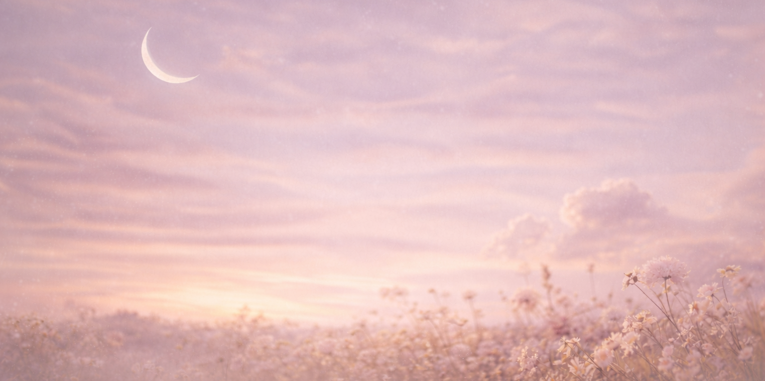 Pastel sky with a crescent moon and soft clouds over a field